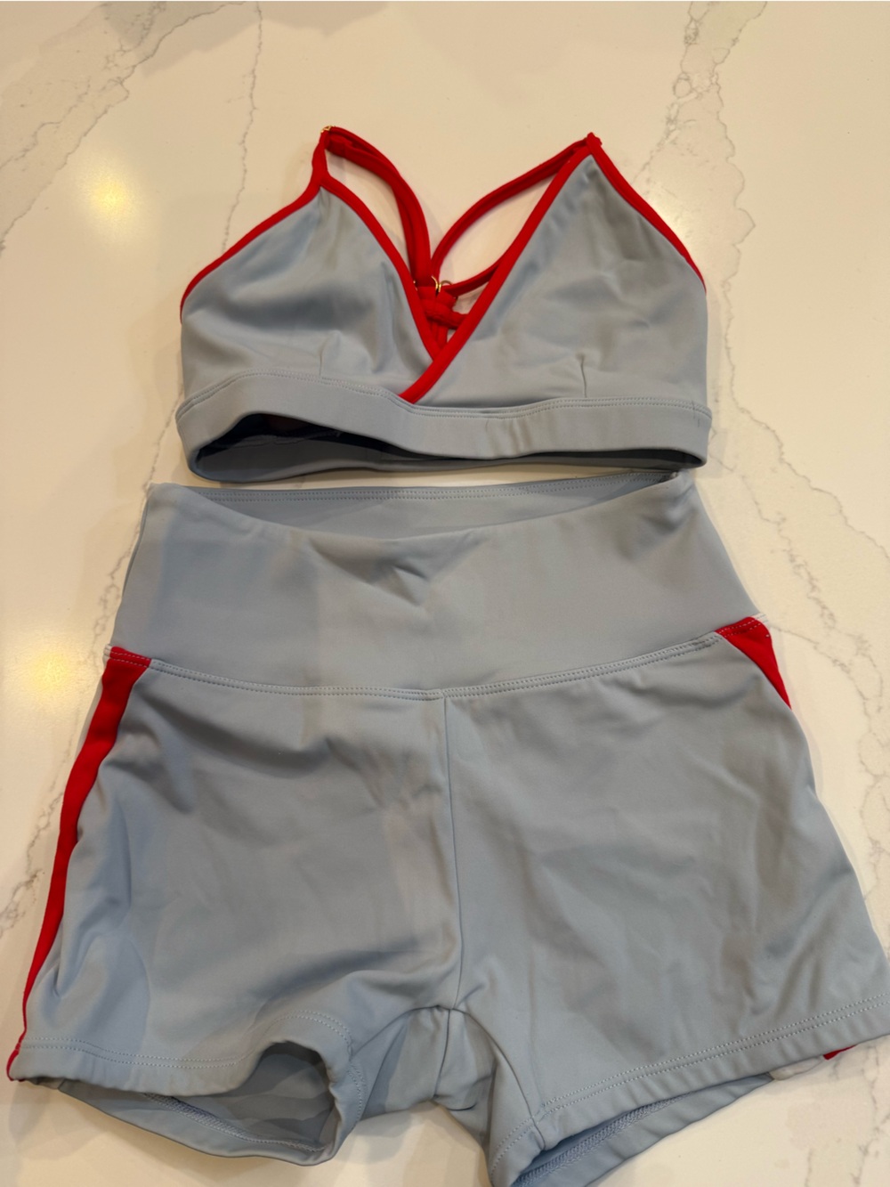 Girls Light Blue Sports Bra & Shorts dance  Set with Red Trim
